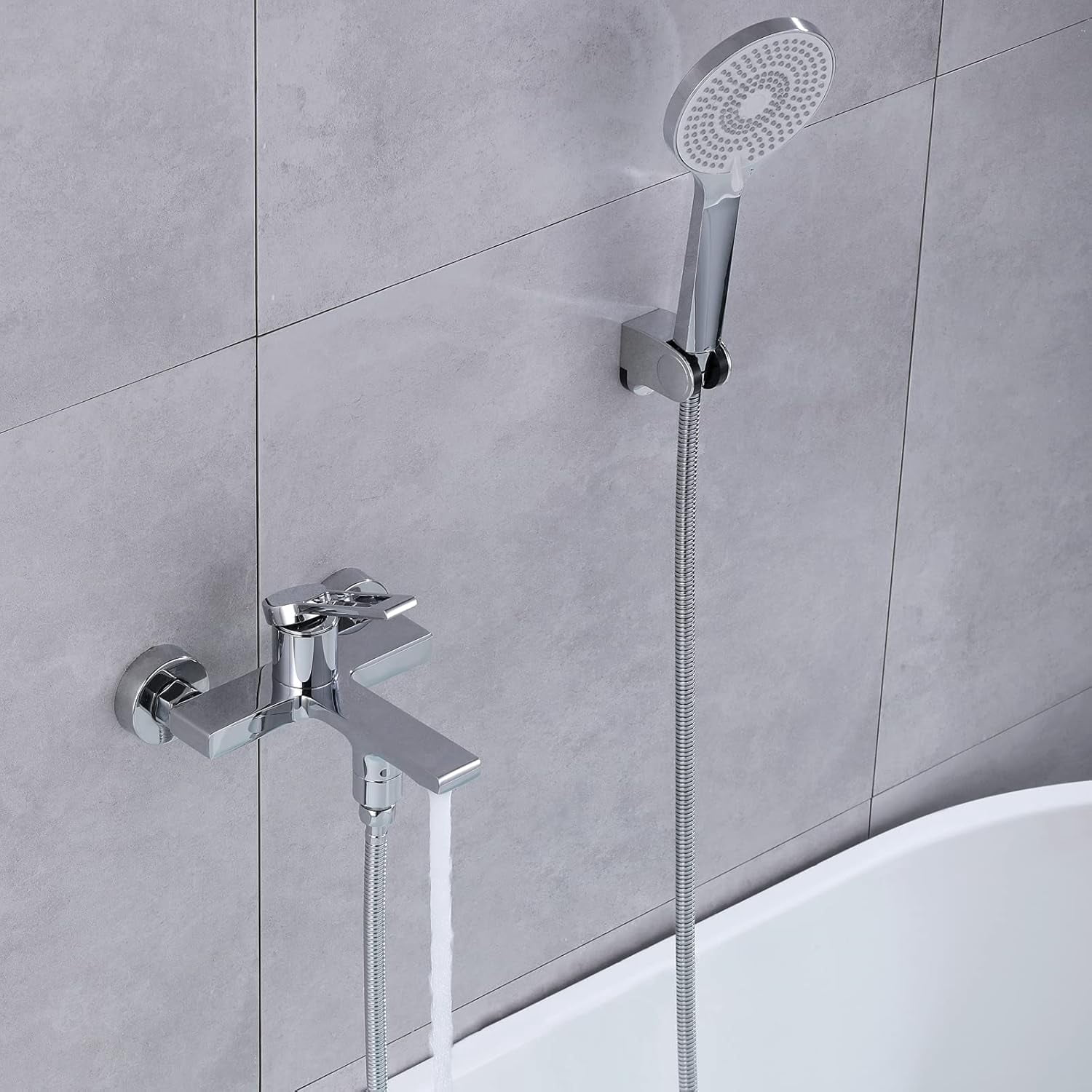 Chrome Tub Filler Faucet with Handheld Shower Head, Modern Brass Wall-Mount Bath Tub Filler Faucet High Flow Bathtub Faucet with Shower Diverter