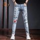 thumbnail image 2 of Pantalones vaqueros ajustados rasgados para hombre, rotos, con estampado, estilo vaquero, estilo retro, coreano, con agujeros, novedad, tallas S, 2 of 5