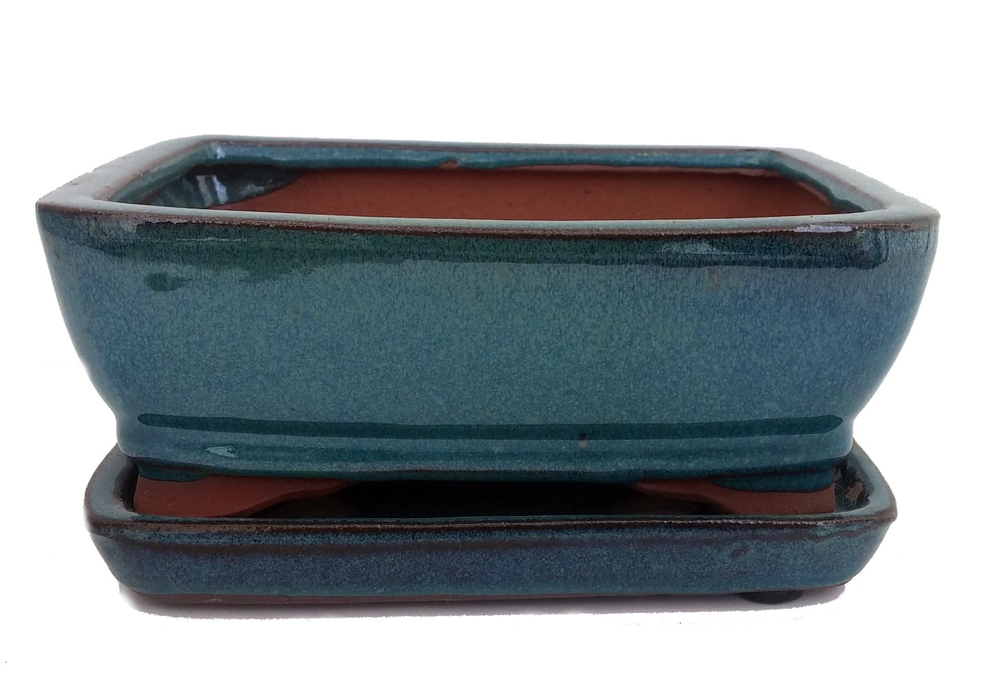 Ceramic Bonsai Pot/Saucer Dark Moss Green/Rounded/Square 6 1/8" x 4