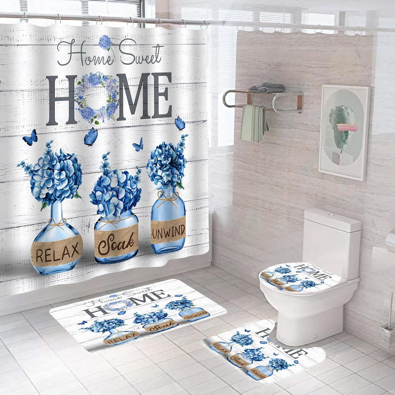 4 PCS Blue Hydrangea Shower Curtain Sets,Home Sweet Bathroom Set with Shower Curtain and Rugs and Accessories,Farmhouse Country Shower Curtain Bathroom Decor with 12 Hooks 72 X 72 Inches