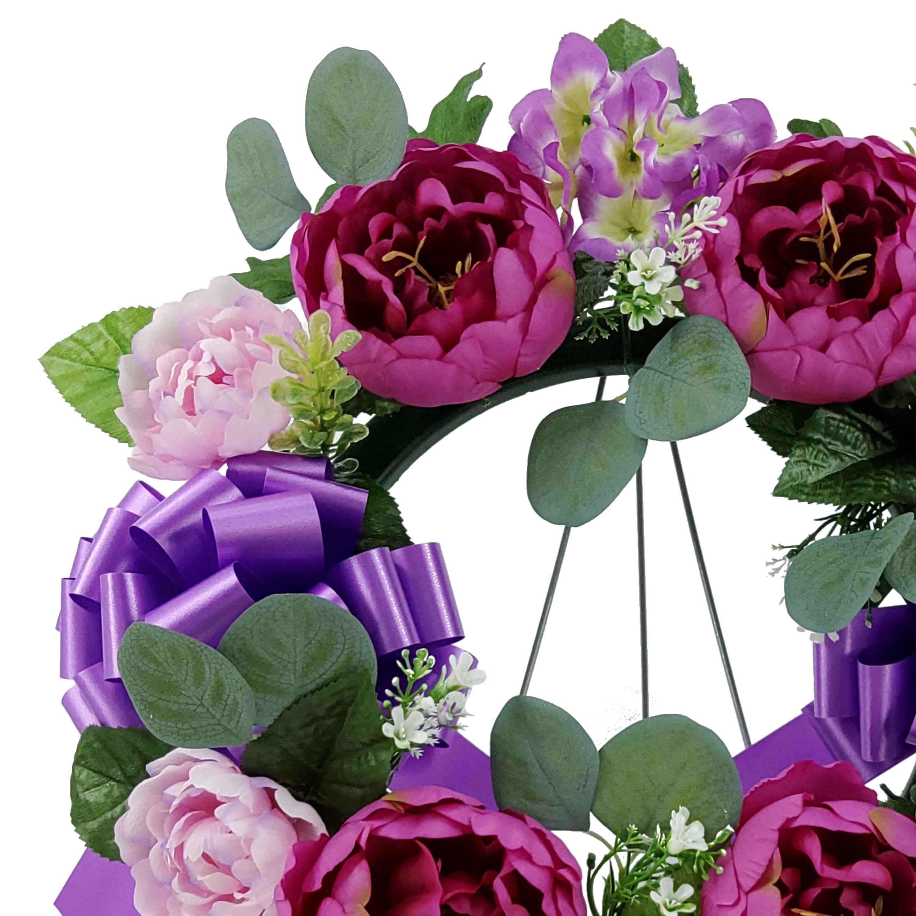 Mainstays 17 in Outdoor Artificial Peony Wreath with Metal Easel, Polyester, Purple
