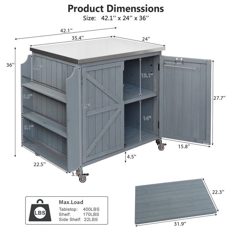 35.4''W Stainless Top Outdoor Rolling Kitchen Storage Island with Side Racks, Outdoor Grill Serving Cart with Cabinet & Adjustable Shelf