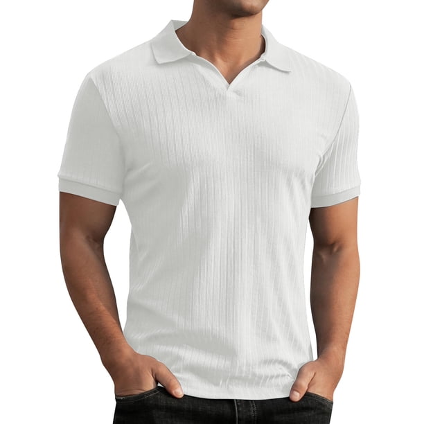 Men's Golf Shirt Casual Sports V Neck Ribbed Collar Short Sleeve Fashion Casual Solid Color Plain Spring & Summer Regular Fit L