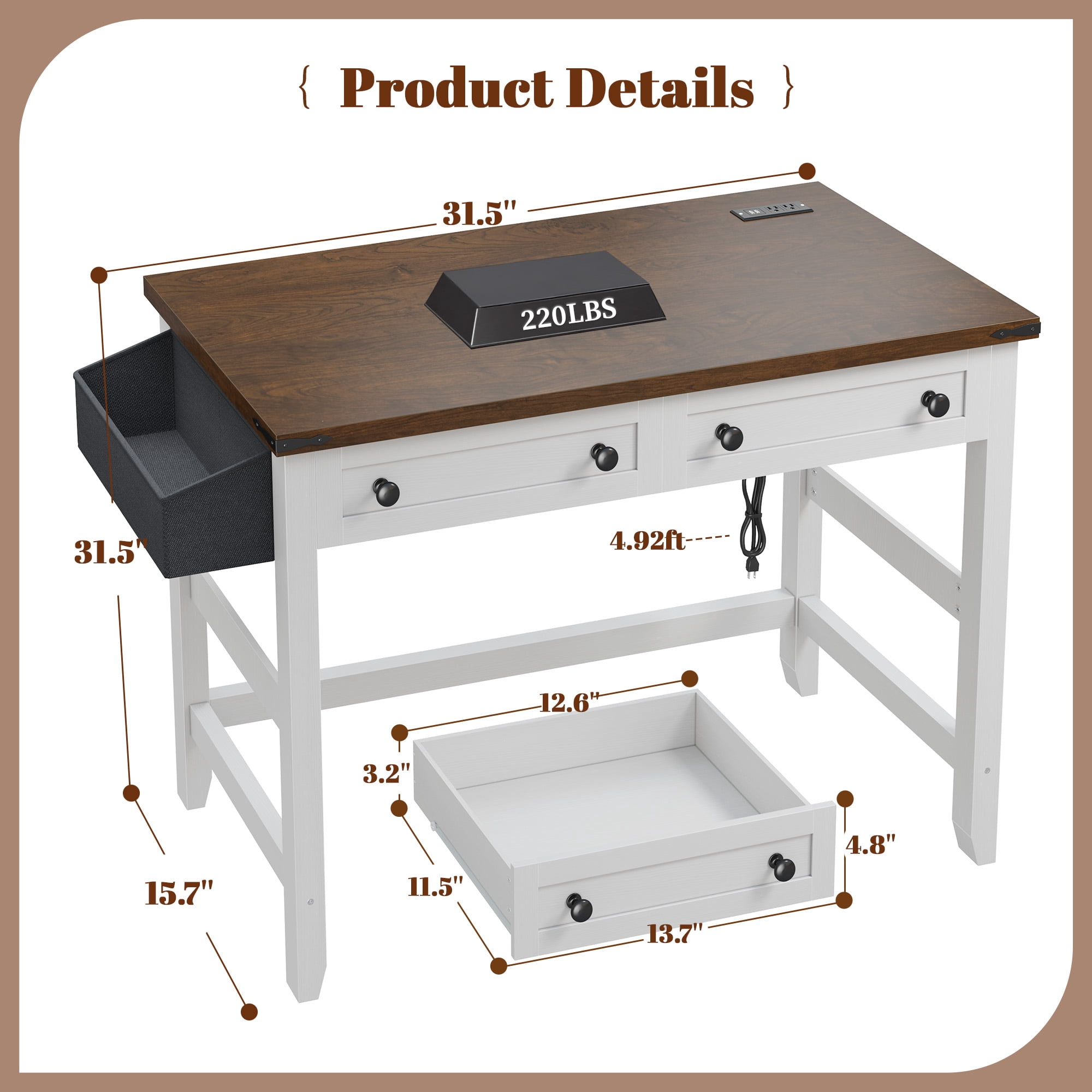 Romorgniz 32"Small Desk with USB Ports&Outlets,Farmhouse Desk with Drawers&Side Storage for Dorm, Bedroom, Vanity,Study Writing Table