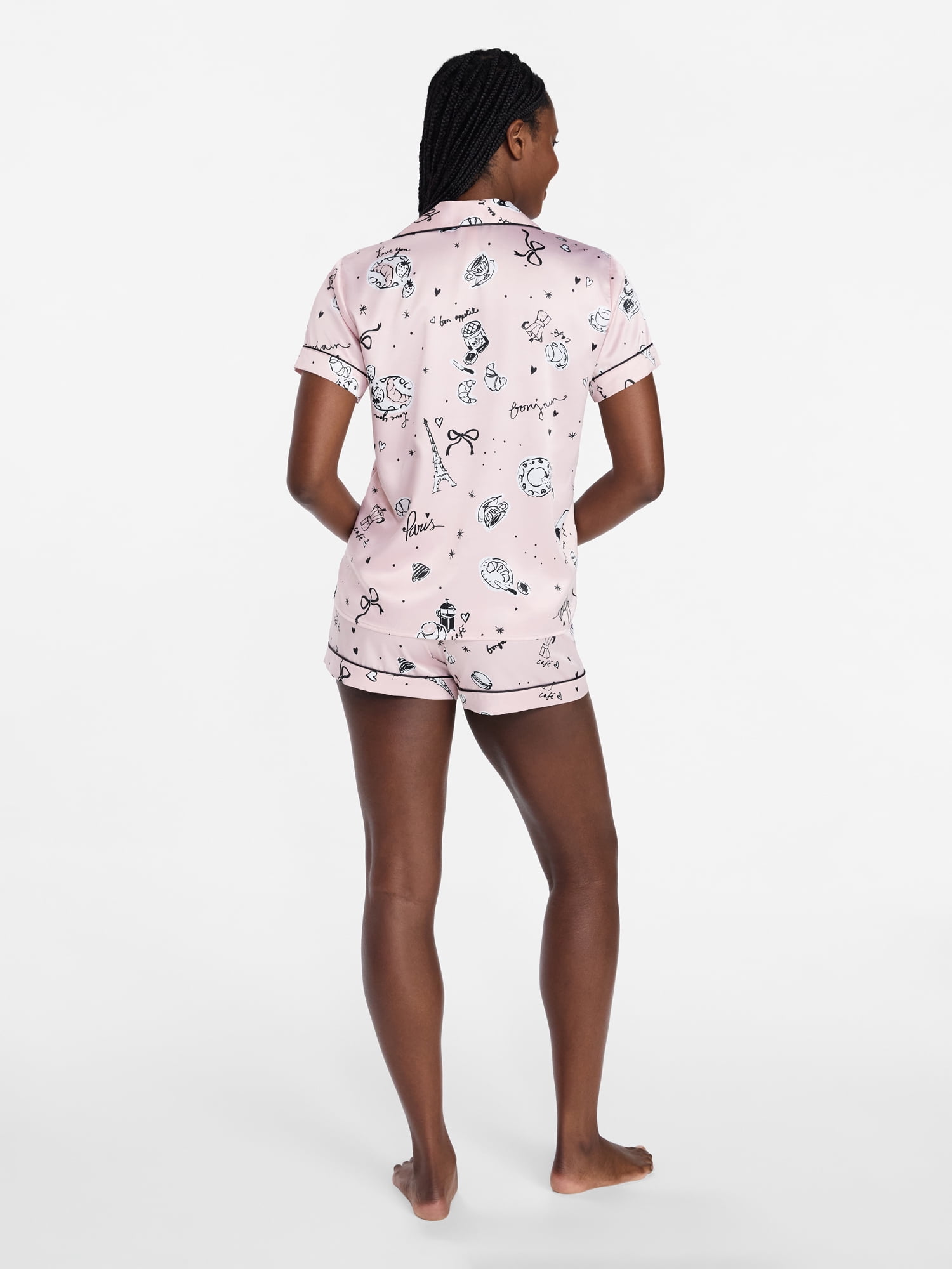 Joyspun Women’s Stretch Satin Short Sleeve Top and Shorts Pajama Set, Sizes XS-3X