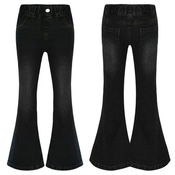Linjinx Girl's Ripped Denim Jeans Ruffle Flare Pants Leggings High Waist Bell-Bottoms Distressed Trousers Black 150