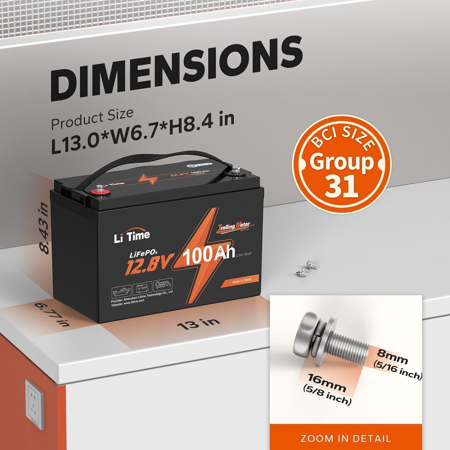 LiTime 12V 100Ah LiFePO4 Battery Low Temp Protection Trolling Motors Battery with 14.6V10A Charger