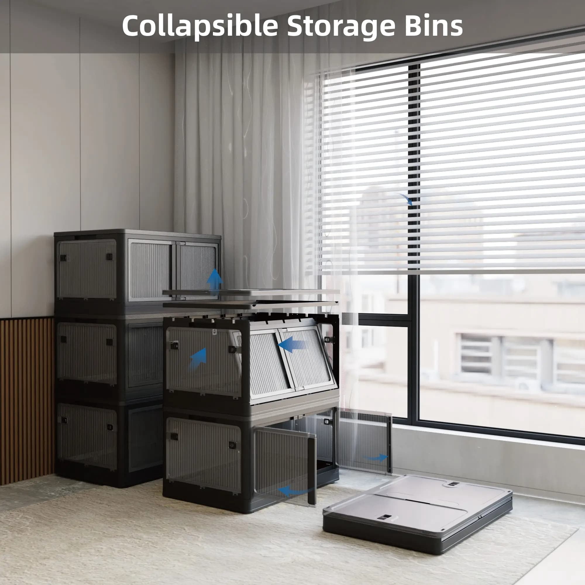 384QT 3-Pack Transparent Stackable Storage Bins with 5 Doors to Open with Wheels, Folding Plastic Craft Containers Large Closet Organizers Box for Bedrooms Living Rooms,Black