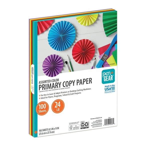 Pen+Gear Assorted Primary Copy Paper, 8.5" x 11", 24 lb, 100 Sheets