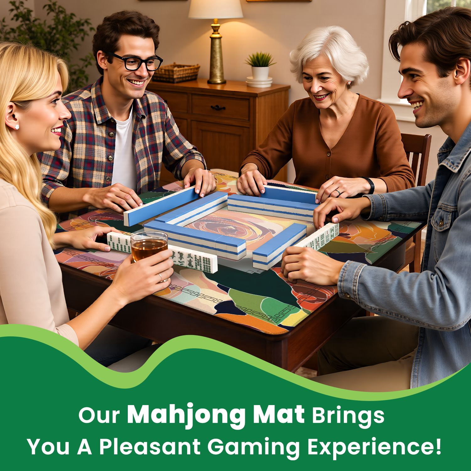 Mahjong Mat 31.5" x 31.5" Artistic seamless abstract flowers Creative collage Non-Slip Noise Reduction American Mahjong Tiles Table Cover for Dominoes Poker Card Board Games Gift
