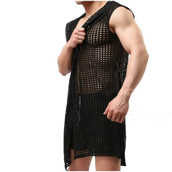 Men's Sexy Hollow Hooded Sleeveless Robes Bathrobes Mesh See-Through Lingerie Sleepwear Pajamas