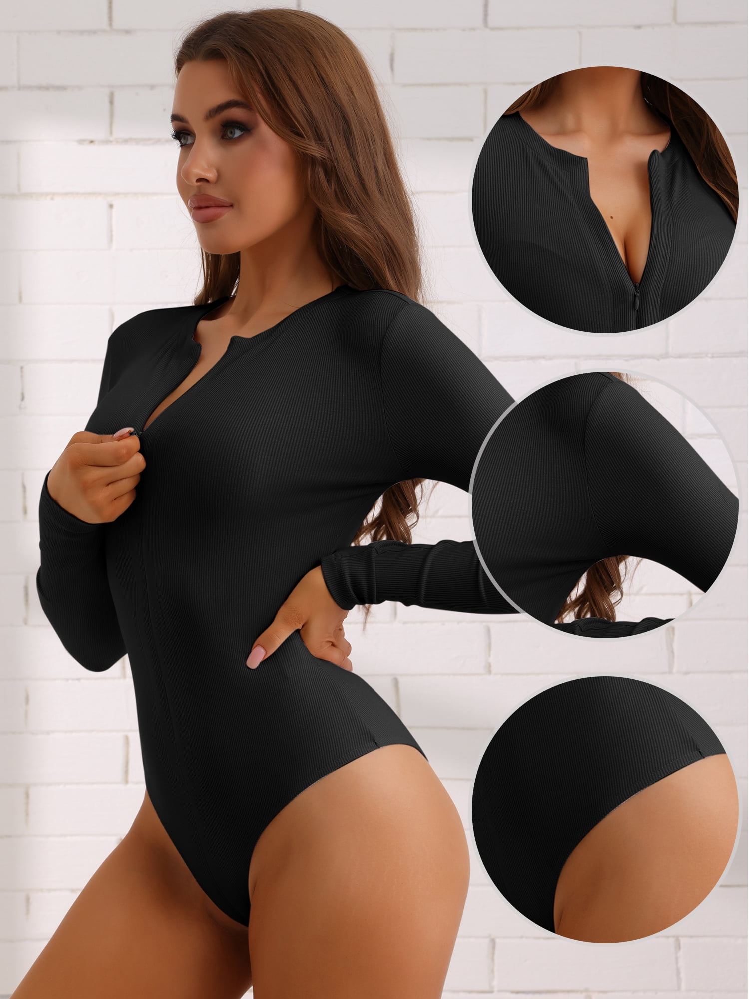 Unique Bargains Women's Zip Front Full Bodysuit Slim Fit Knit Body Shaper Small Black