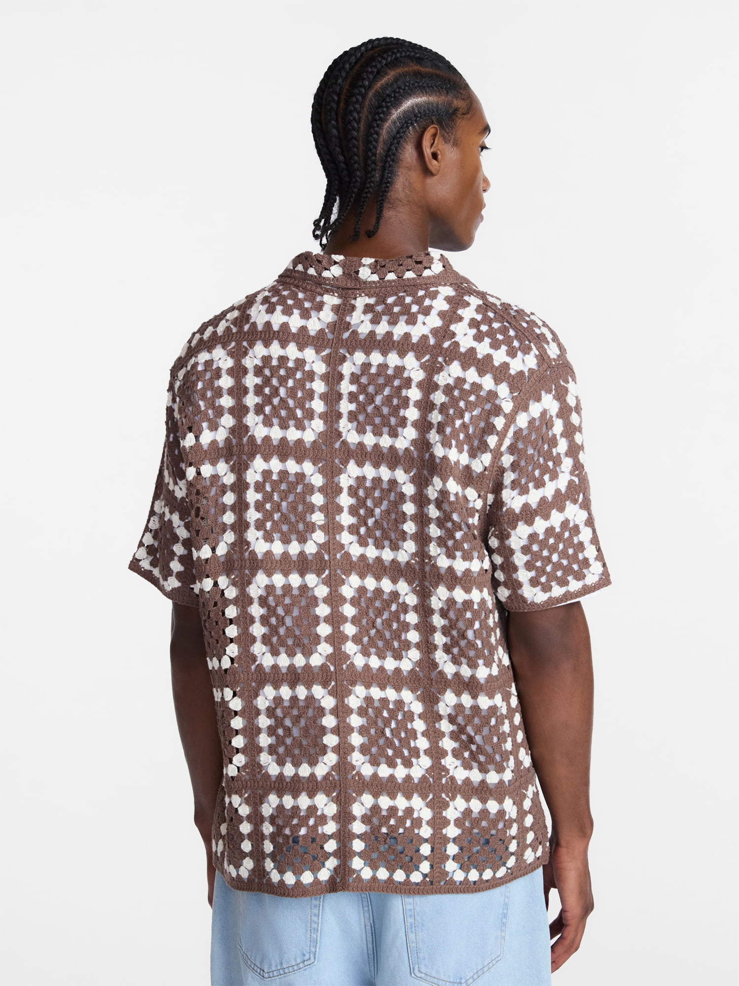 No Boundaries Men's Faux Crochet Pattern Boxy Fit Button Through Sweater Polo, Sizes XS-3XL