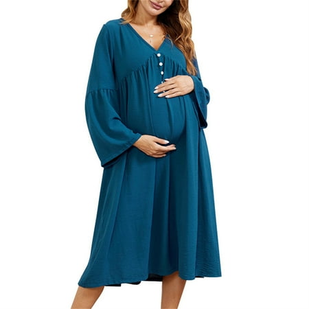 

Hanerdun Women Female Long Sleeve V-Neck Maternity Pregnancy Midi Dress Blue L