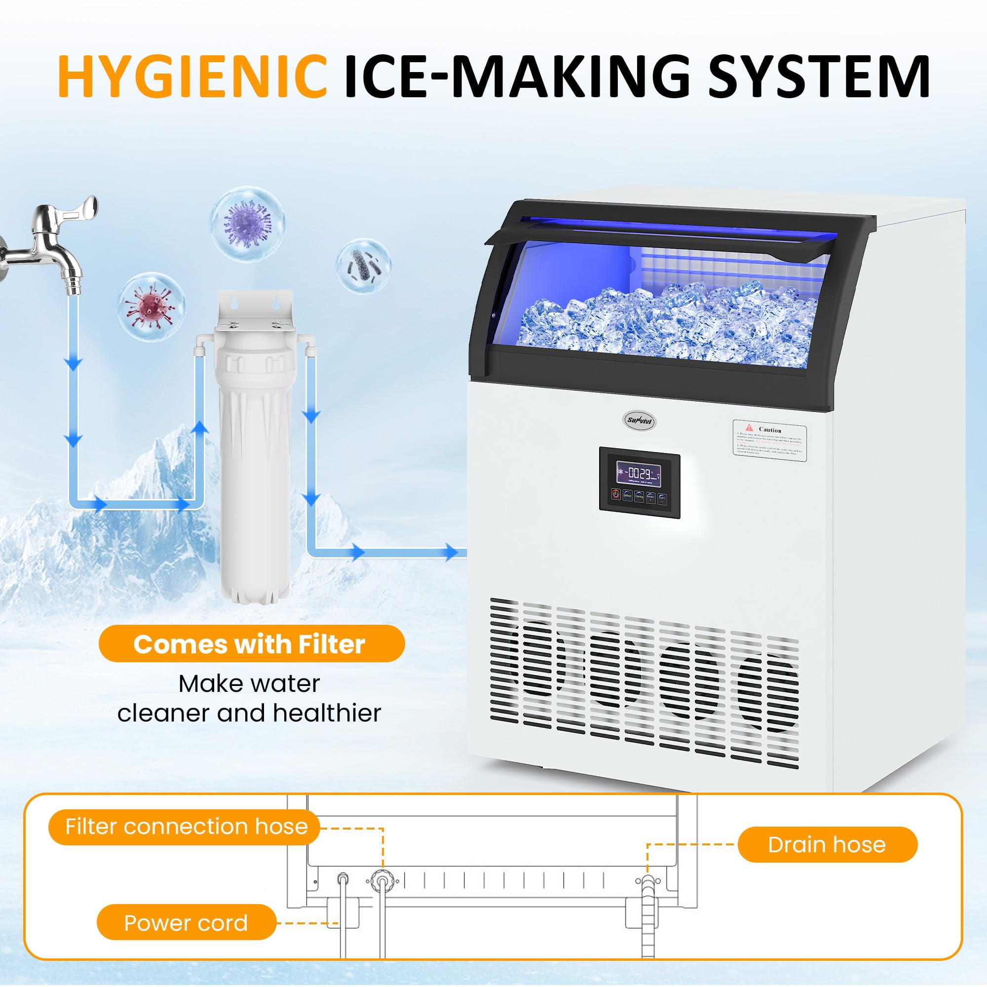 Sunvivi Commercial Ice Maker Machine, 265LBS/24H, 55LBS Storage Bin, Stainless Steel Under Counter Ice Machine for Restaurants, Bars, and Home Use, Includes Water Filter, Scoop, and Hose