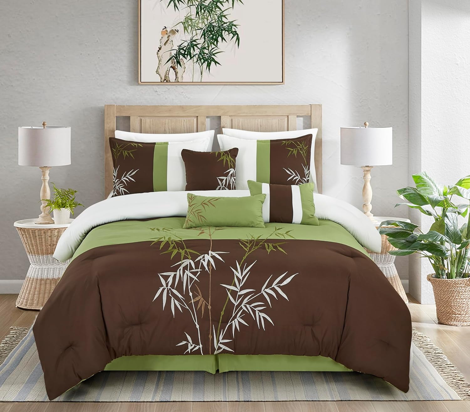 Chezmoi Collection Bengal 7-Piece Bamboo Embroidered Comforter Set California King Size, Sage Green Brown Ivory Bamboo Grass Microfiber Comforter Bedding