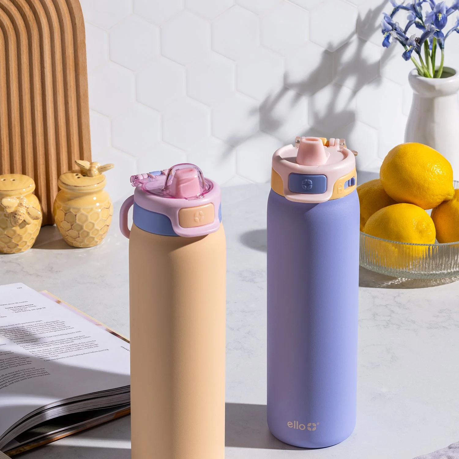 Ello Pop & Fill 22oz. 2-Pack Stainless Steel Water Bottle with Leak Proof Locking Lid - Cornflower/ Blush Breeze