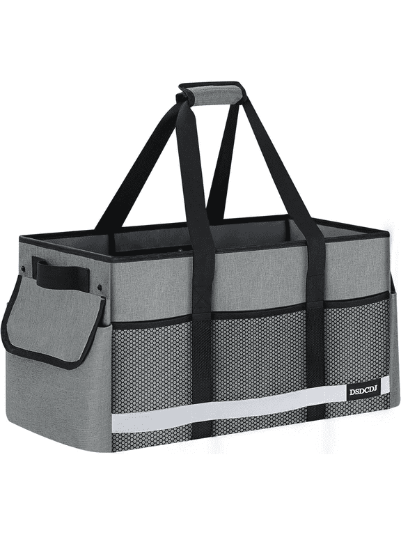 Upgrade Extra Large Utility Tote Bag with Reflective Strip, Standing Reusable Grocery Bags with Hard Bottom, Collapsible Utility Tote with Handles for Shopping, Beach, Picnics, Car, Black