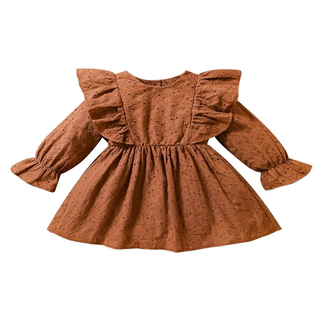 EIMELI Bébé Fille Robe d'Automne Volant à Manches Longues Solide une Ligne Robes Princesse Hiver Robe Vêtements Tenue Marron 3-6 Mois
