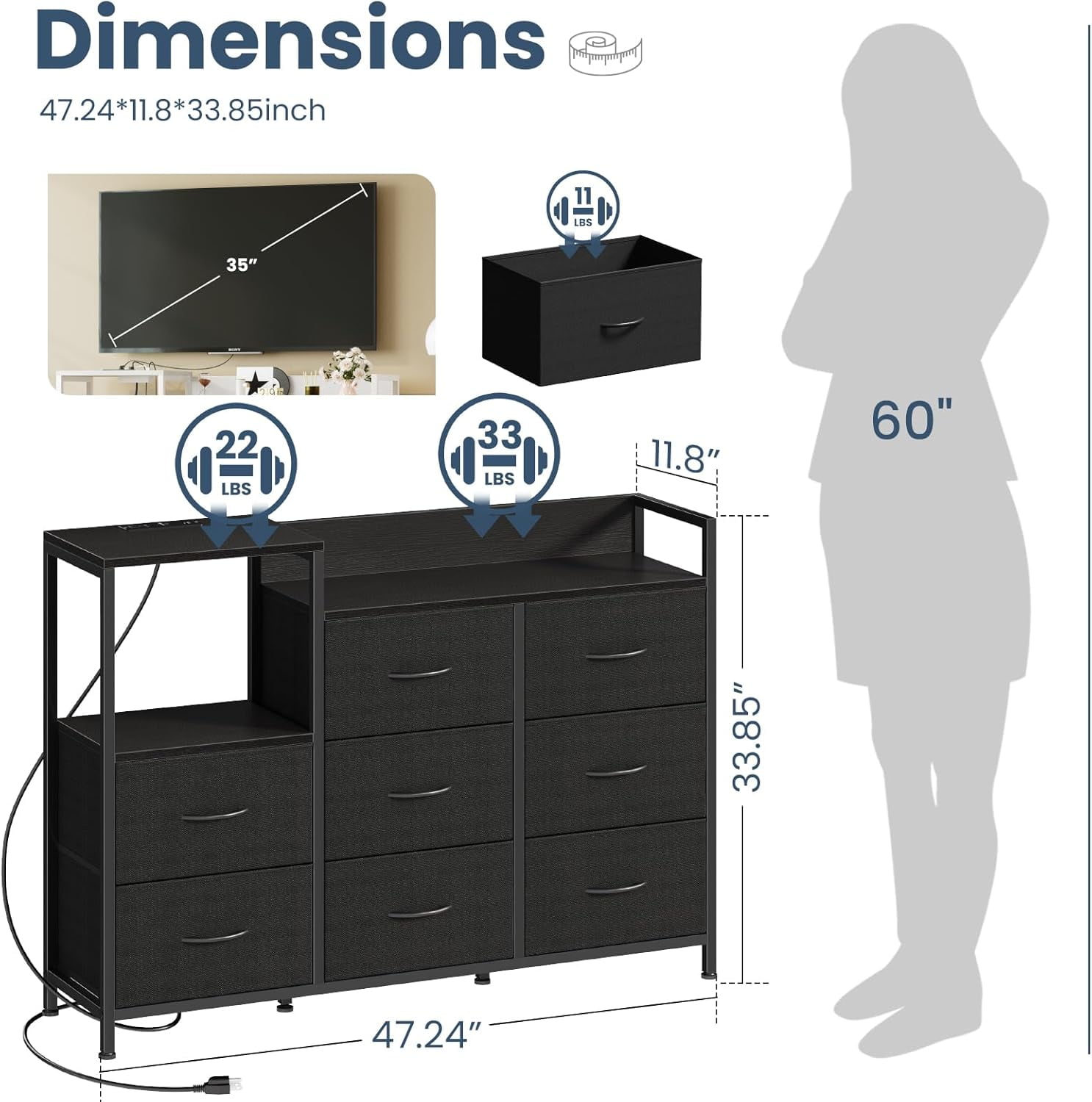 Modern 8 Drawer Dresser with Charging Station, Wide Storage Chest with Open Display Shelves, Tall Fabric Dresser for Living Room, Media Console for Wall-Mounted TV, Black