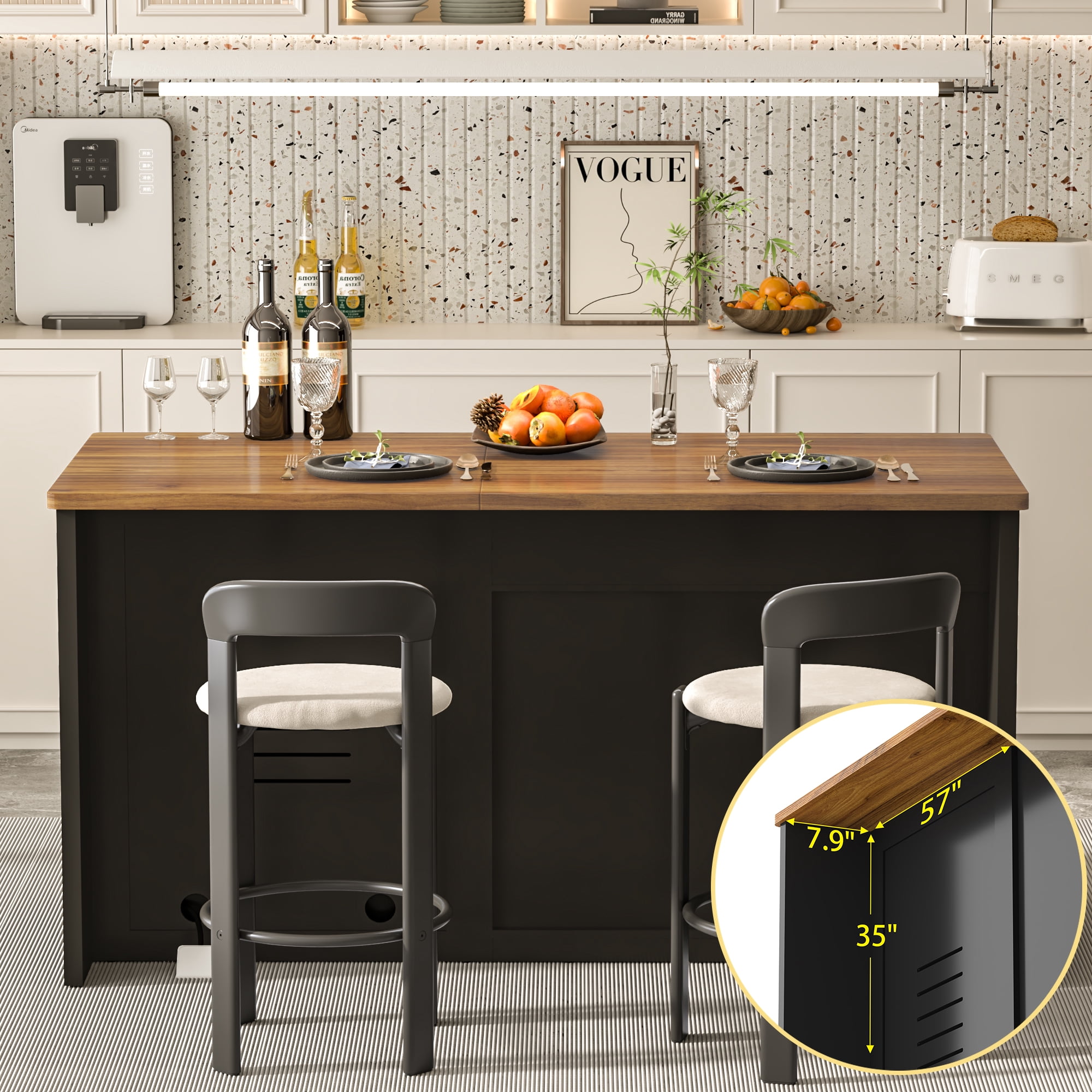 60.7"W Large Kitchen Island with Fridge Space, Modern Kitchen Bar Island Table