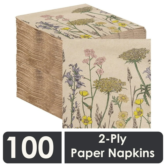 Table Kind 100 x Soft Recycled Floral Napkins Wildflower Soft Paper Napkins Pretty Wild Flower Serviettes for Spring Eco Friendly, Everyday & Compostable Weddings, Tea Party, Birthday Natural Kraft