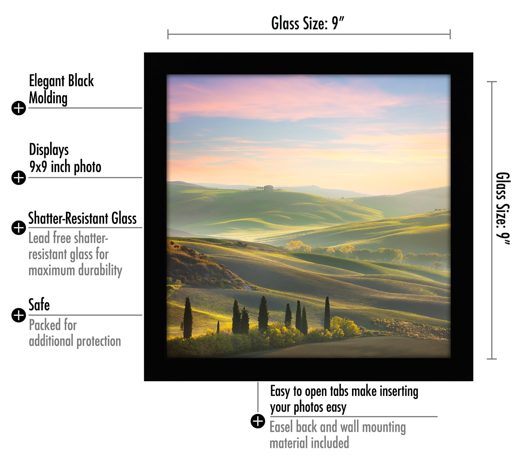 Americanflat 9x9 Picture Frame in Black - Composite Wood with Shatter Resistant Glass - Horizontal and Vertical Formats for Wall and Tabletop