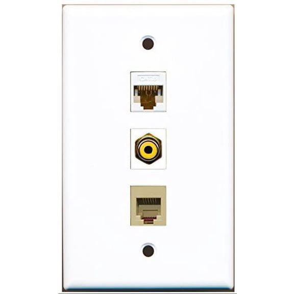 RiteAV - 1 Port RCA Yellow and 1 Port Phone RJ11 RJ12 Beige and 1 Port Cat6 Ethernet White Wall Plate