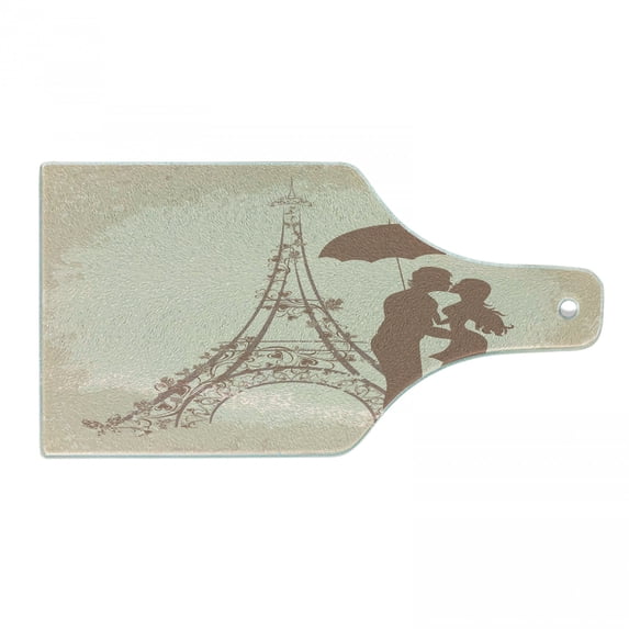 Umbrella Girl Cutting Board, Couple Kissing with Eiffel Tower on the Background, Decorative Tempered Glass Cutting and Serving Board, in 3 Sizes, by Ambesonne