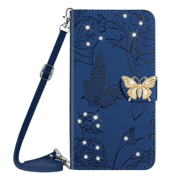 for Samsung Galaxy A54 5G Flower Pattern Wallet Case, with Wrist Hand Strap Crossbody Lanyard, Sparkle Rhinestone Butterfly Cover with Card Slots & Kickstand & Magnetic Clasp Case, Darkblue #1