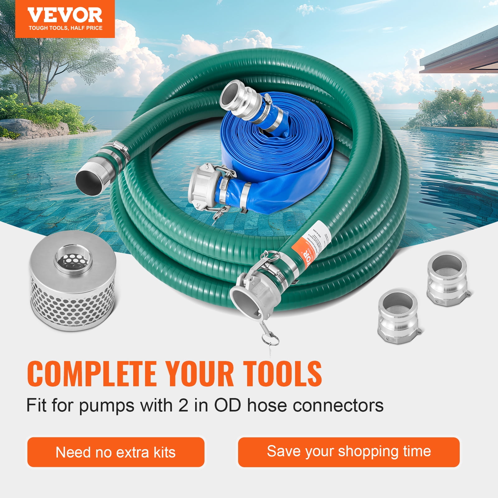 VEVOR Suction Hose Kit for Water Pump, with 2 in x 65 ft Blue Backwash Hose, 20 ft Green Suction Hose, and Steel Round Hole Strainer, Camlocks, Clamps, Cam & Groove Adapter, for Multiple Purposes