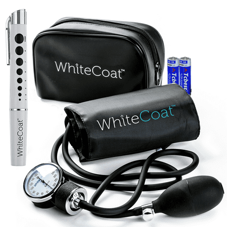 White Coat Deluxe Aneroid Sphygmomanometer - Professional Manual Blood Pressure Monitor with Sprague Rappaport Stethoscope and Accessory Kit, Adult Sized