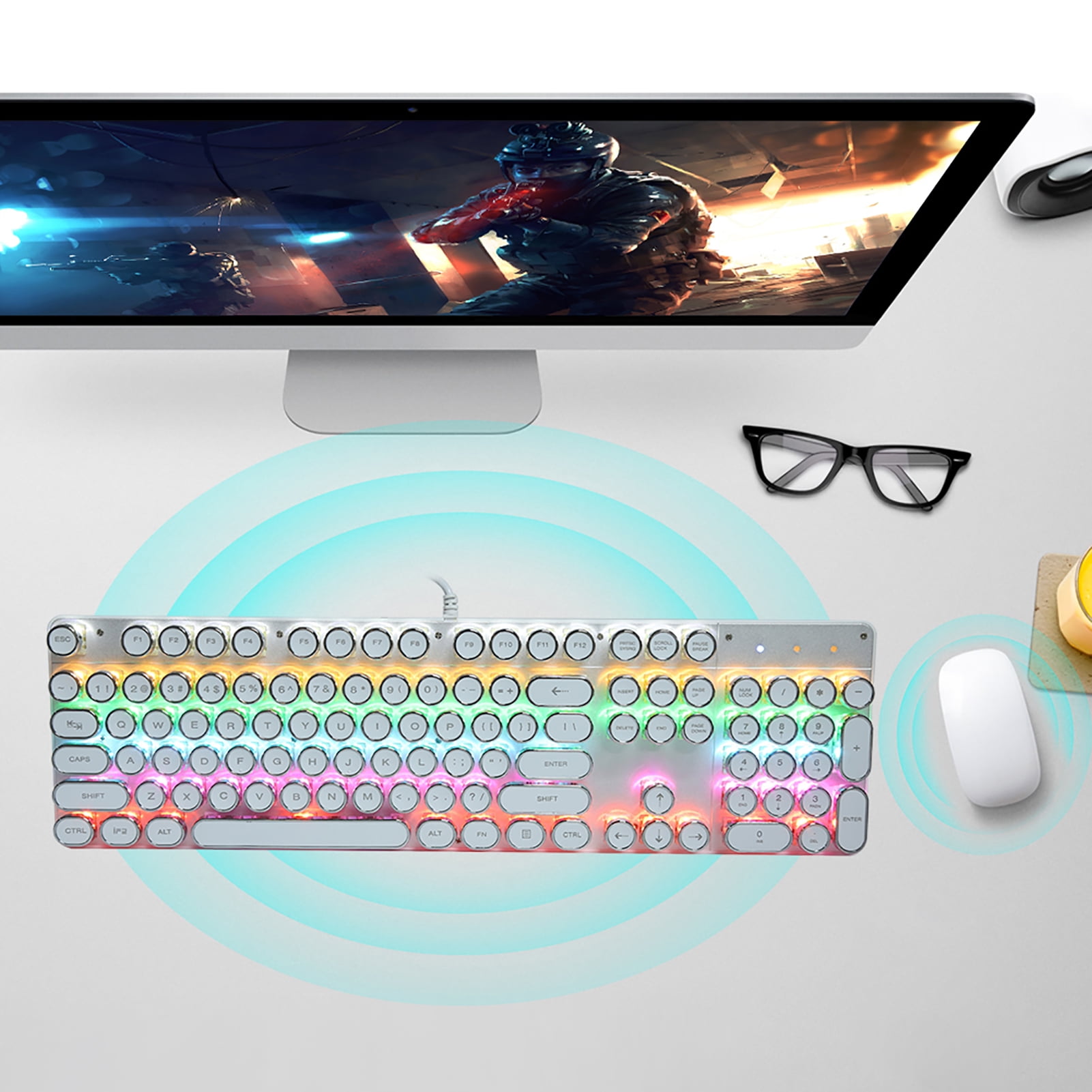 Keyboard, Mechanical Keyboard Game Keyboard with Retro Round Cap Plug and Play White  for Game