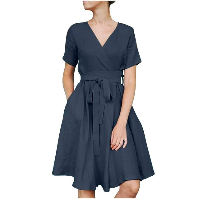 QIPOPIQ Robes pour Femmes avec Poches Manches Courtes Robes Décontractées Col en V Robe d'Été Unie Ceinture Taille Robes Offres 2023