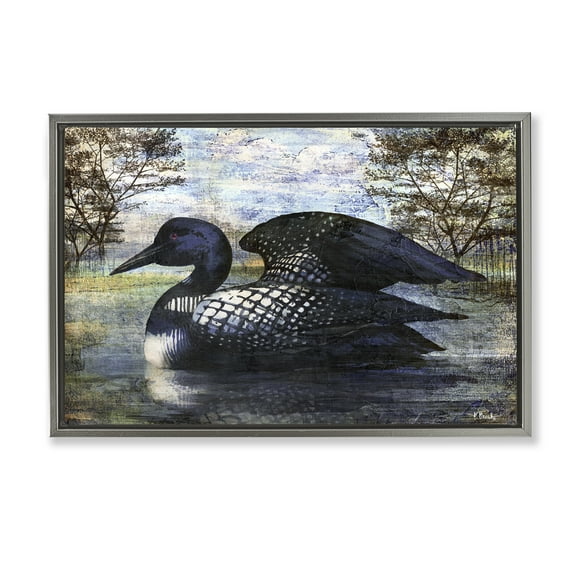 Stupell Industries Loon in Rustic Pond Animals Painting Gray Floater Framed Canvas Art Print Wall Art, 31 x 21