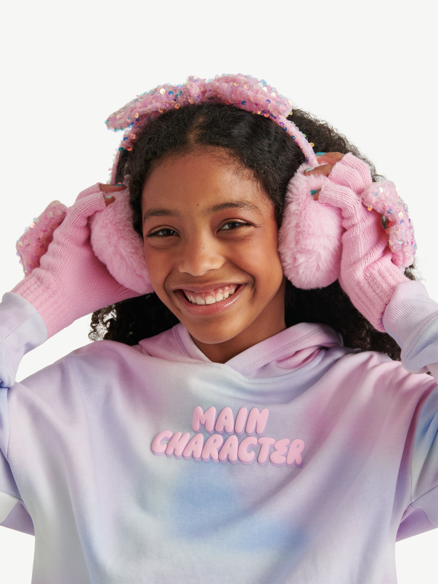 Justice Girls Velvet Sequin Bow Faux Fur Earmuff and Flip Top Glove Set, Pink