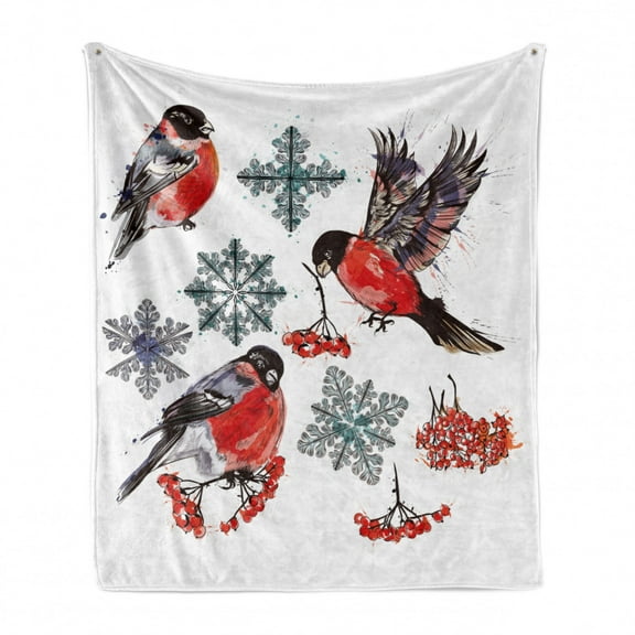 Rowan Soft Flannel Fleece Throw Blanket, Christmas Pattern of Bullfinch Birds Snowflakes Rowan in Watercolor Style, Cozy Plush for Indoor and Outdoor Use, 50" x 60", Scarlet Grey Black, by Ambesonne