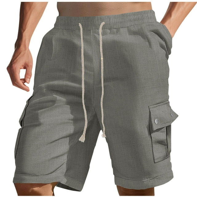 Mens Polyester Shorts Cargo Shorts For Men Linen Shorts for Men Elastic Waist Drawstring Cargo Shorts Solid Color Lightweight Beach Pants with Multi Pockets