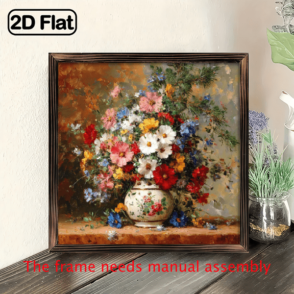 1pc, Vintage-Inspired Daisies Wildflowers Still Life Painting Art Wooden Sign 8x8 Inch, with Frame Decorative Sign Desktop Ornament, Indoor Decoration Supplies for Living Room Office Desks Decor,