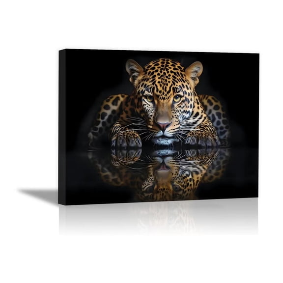 Mudket Leopard Reflection Black Background Canvas Wall Art, Modern Minimalist Wall Pictures for Living Room Print for Entryway Foyer Home Decor, Framed Ready to Hang - 12"L x 8"W