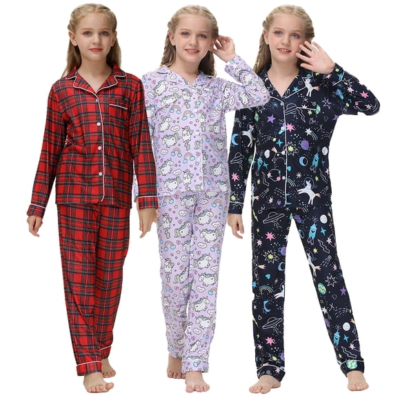 KYAIGUO Pyjama en Satin pour Filles et Garçons de 5 à 14 Ans, Ensemble 2 Pcs à Manches Longues en Satin Soyeux, Chemise Boutonnée, Tenue de Nuit et de Détente pour Enfants et Tout-Petits