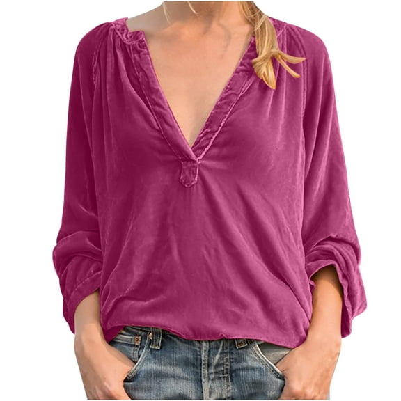 ylioge Summer Blouses for Women, Womens Summer Shirts Canary Velvet Tops Elegant Casual Loose V Neck Long Sleeve Solid Color Basic Tops T-Shirt Shirts Summer Saving Clearance