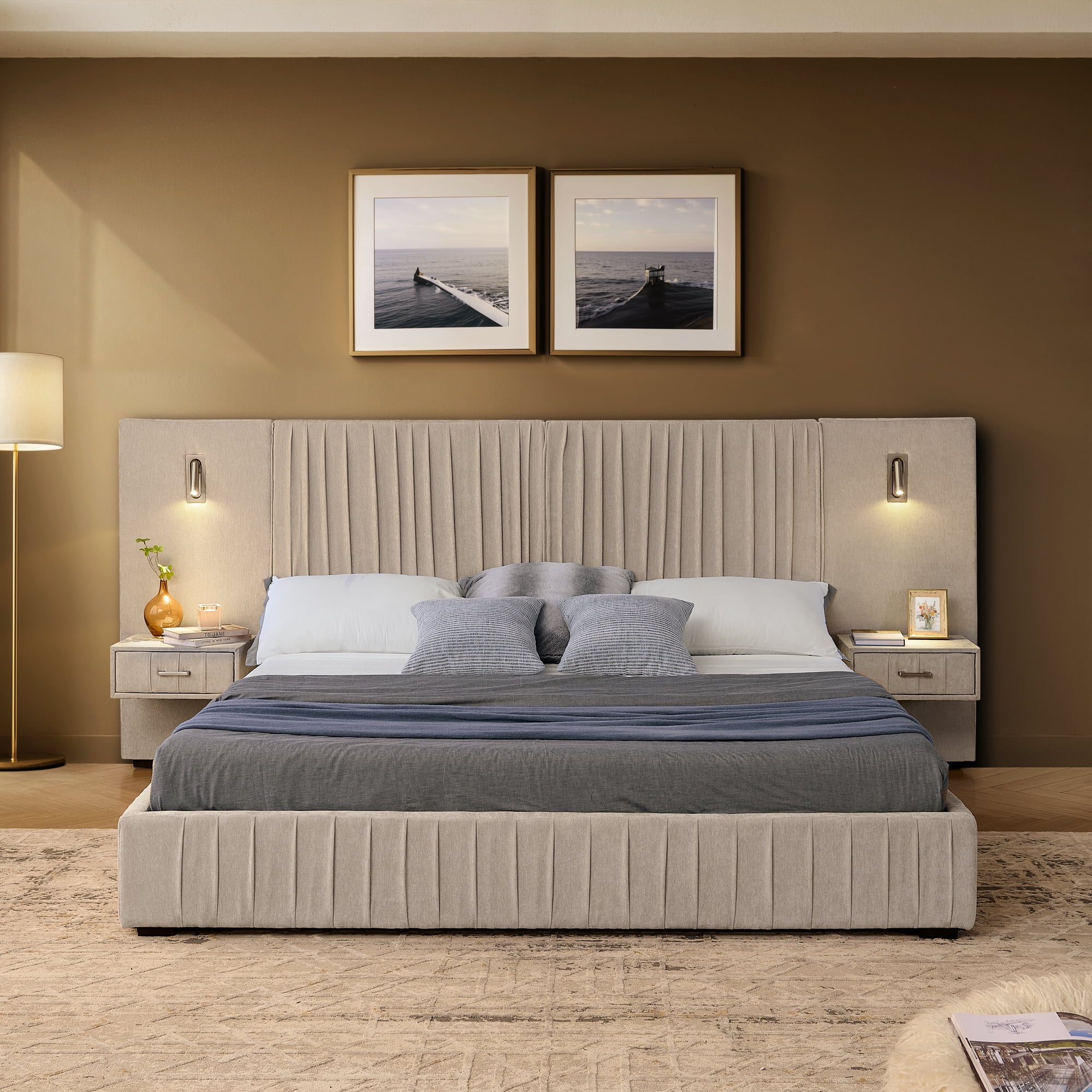 LiviNest Queen Upholstered Bed Frame: Platform Bed with Headboard & Built-in Nightstands - Integrated Adjustable Reading Lamps & Storage for Small Apartments & Modern Bedrooms