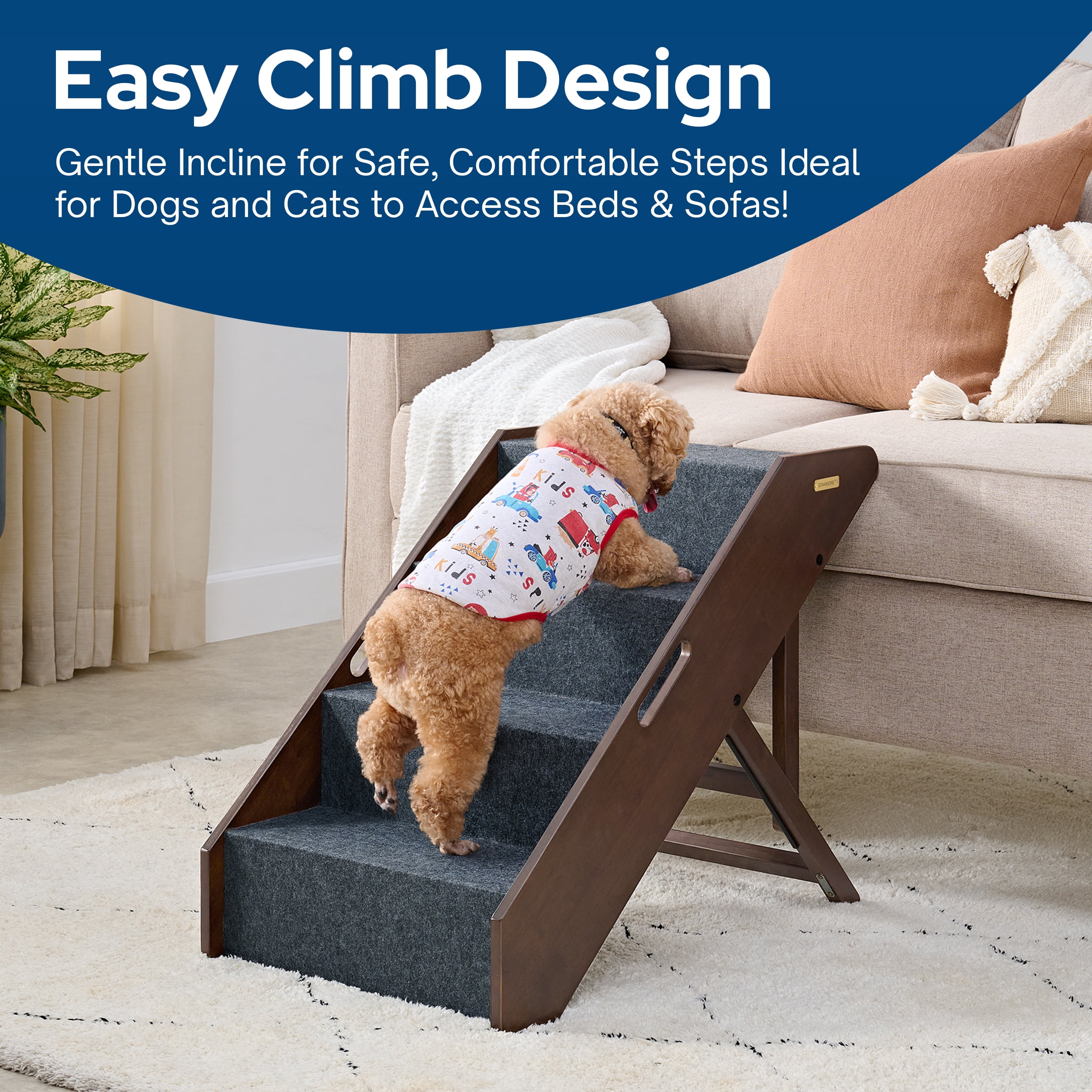 MECO Stakmore Foldable Pet Steps with Solid Hardwood Construction, Espresso w/Gray Felt