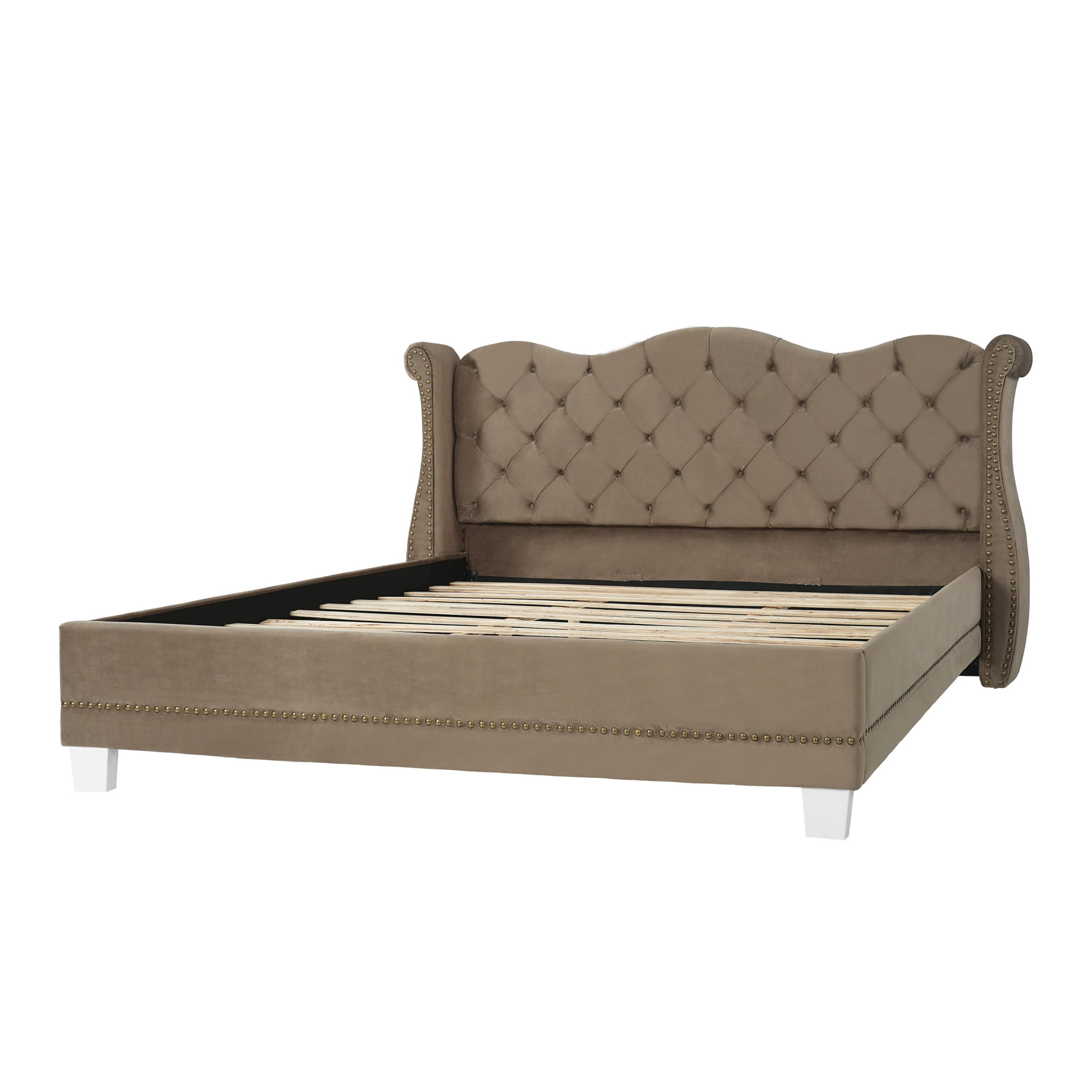 Christopher Knight Home Velvet Upholstered Bed Frame with Thick Tufted Wingback Headboard, King Size, Brown