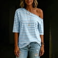 thumbnail image 6 of LEKWK Striped Off Shoulder Tops for Women Short Sleeve Asymmetrical Neck Casual Tops Dressy Casual Loose Fit Summer Shirts Fashion Beach Vacation Outfits, 6 of 7