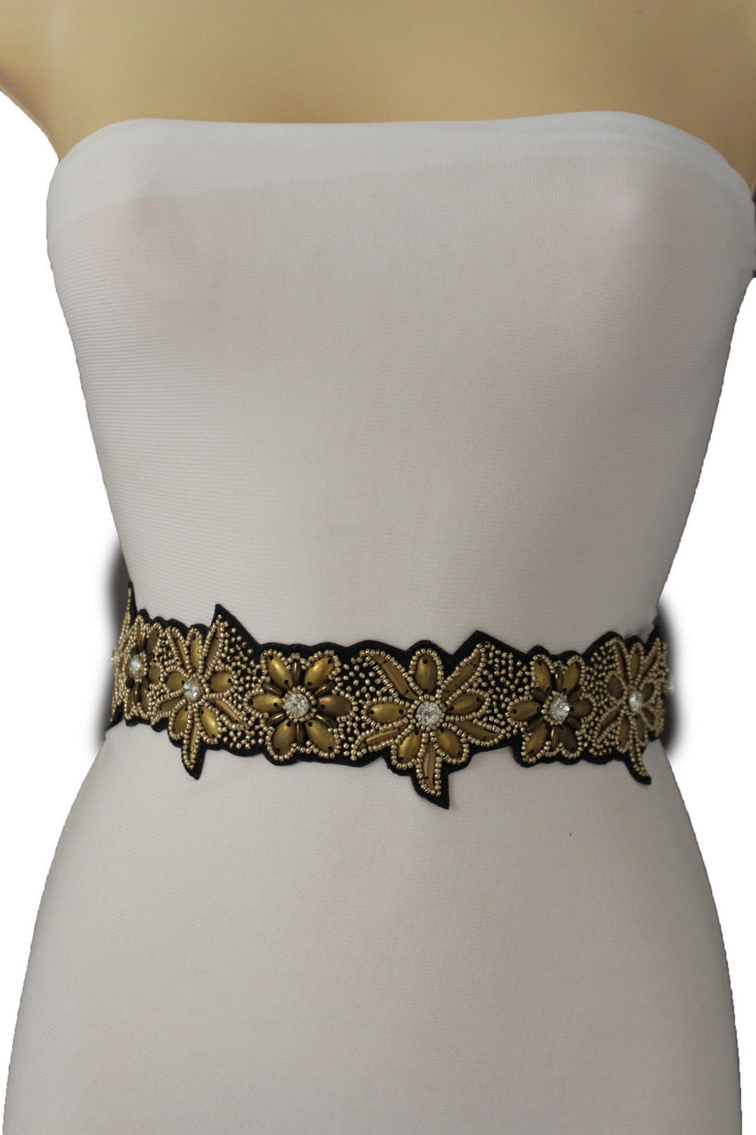 Women Skinny Belt Hip Waist Flowers Gold Metal Chain Brown Beads Tie Fashion S M 