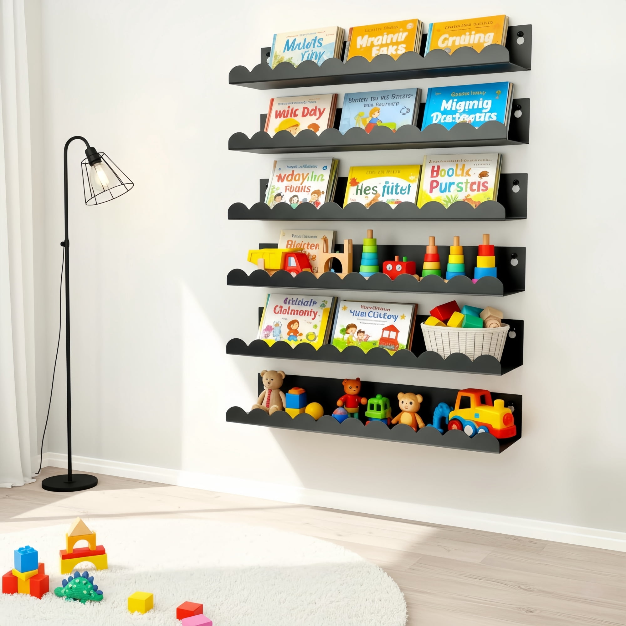 6-Piece Black Metal Floating Shelves, 16" Modern Wall  Nursery Bookshelf Display Organizer for Living Room, Office, Bathroom, Bedroom, Kid's Playroom Wall Decor