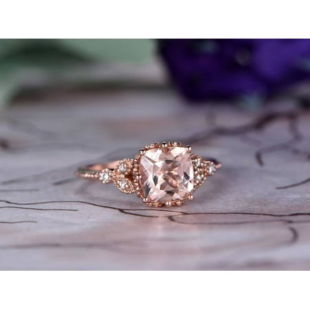 Morganite White Ring - Antique 1.25 Carat cushion cut Morganite and Diamond Engagement Ring in 10k Rose Gold