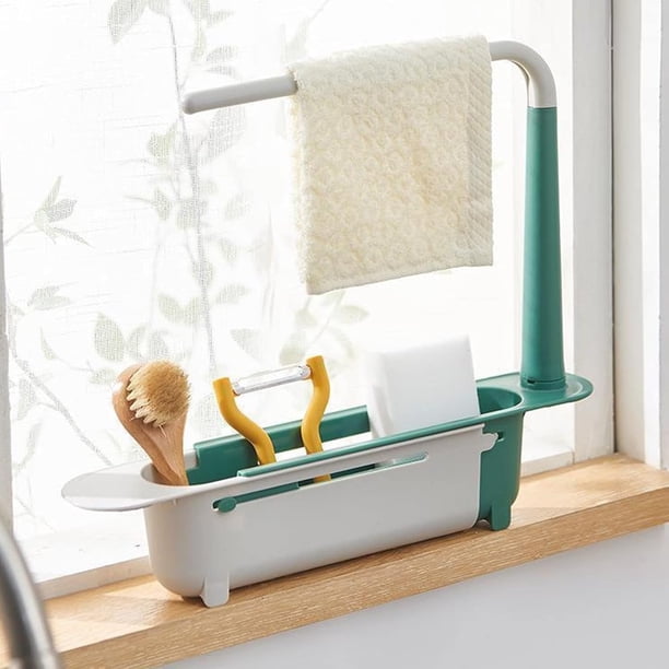 Estante de Almacenamiento Telescópico para Fregadero Organizador de Fregadero Ajustable de Gran Capacidad para Fregadero de Cocina (Verde)